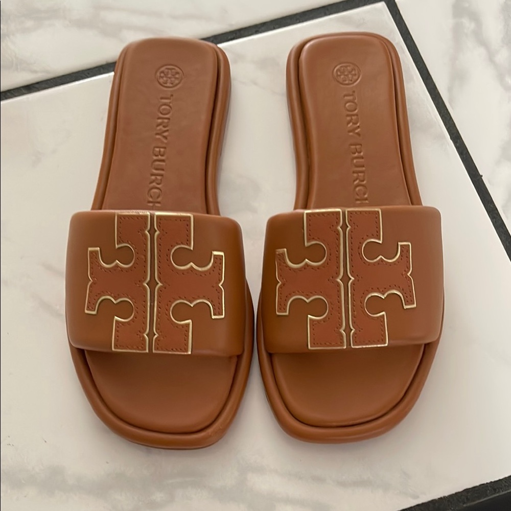 Tory Burch Tan Logo Slide Sandals